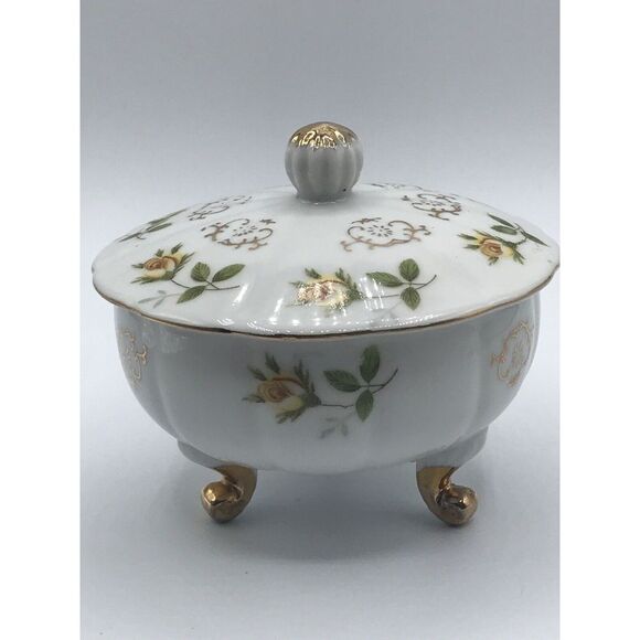 Lefton Candy Dish Yellow roses Porcelain Footed Lid MV-1844‎ - Picture 1 of 12